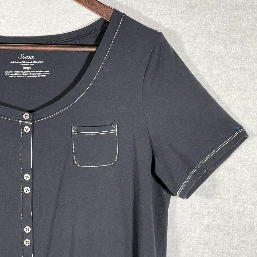Soma Pajama Top Women Large Dark Grey Excellent Button Front Contrast Stitch